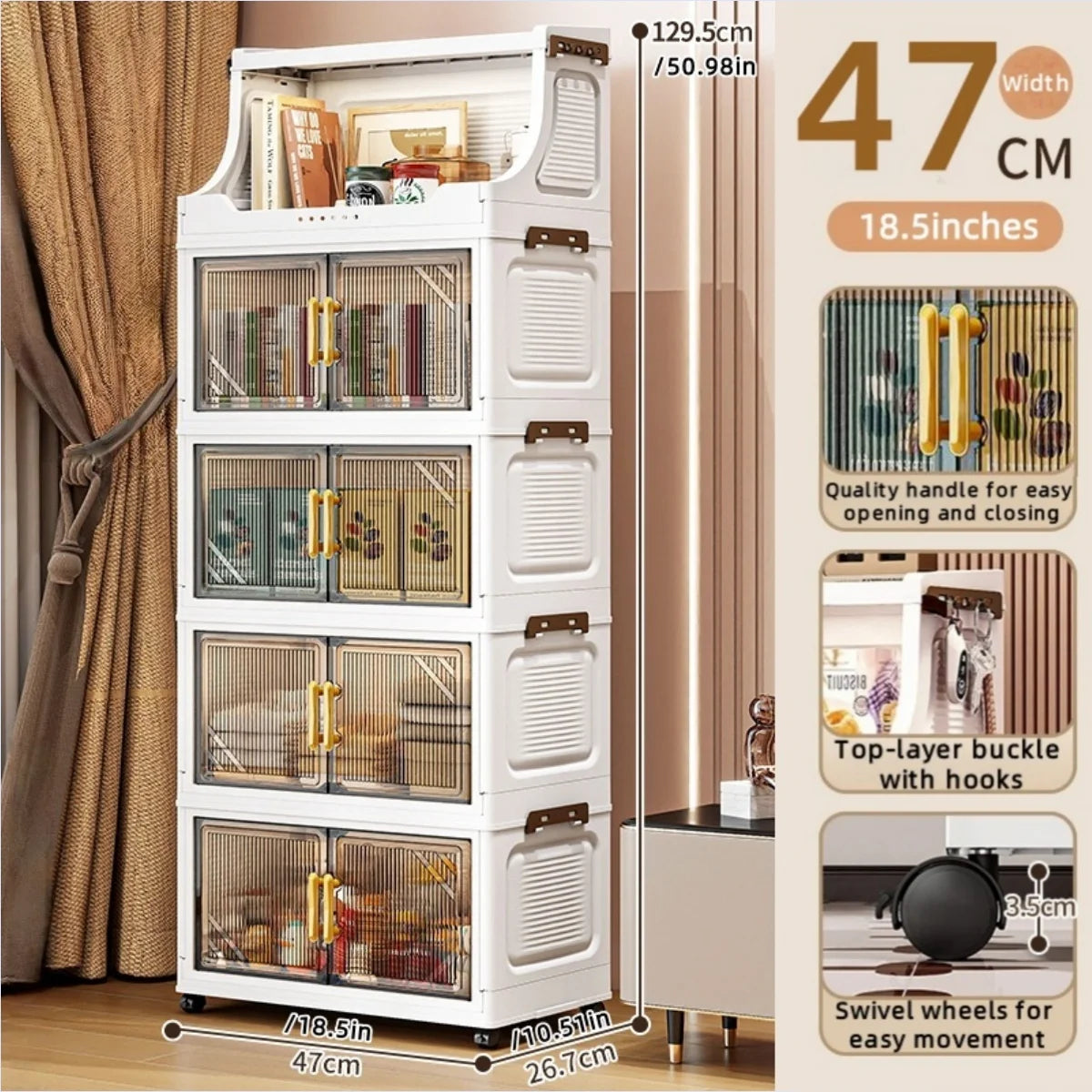 Large Foldable Flip-Top Transparent Storage Cabinet with Wheels - Space-Saving Mobile Organizer for Kitchen Bedroom Living Room