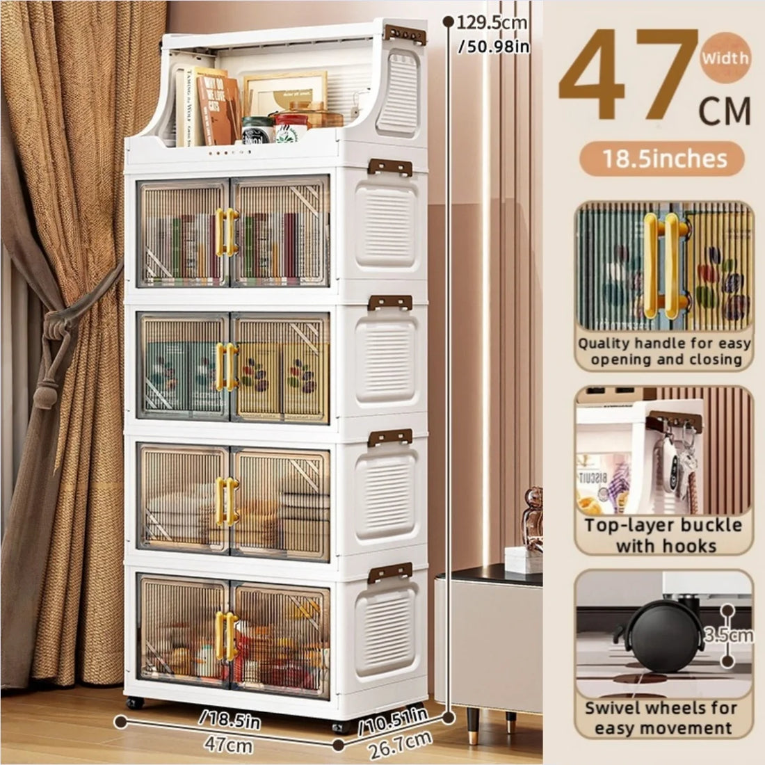 Large Foldable Flip-Top Transparent Storage Cabinet with Wheels - Space-Saving Mobile Organizer for Kitchen Bedroom Living Room