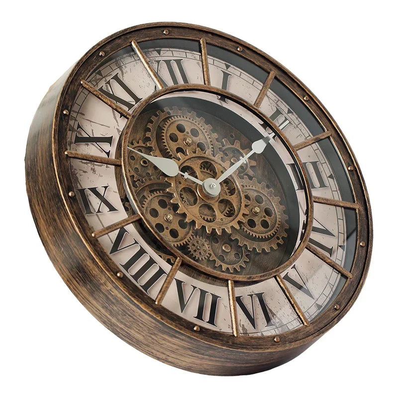 46cm Real Moving Gears Wall Clock Large Industrial Steam Punk Roman Numeral Wall Clock Living Room Home Decoration Quartz Clock