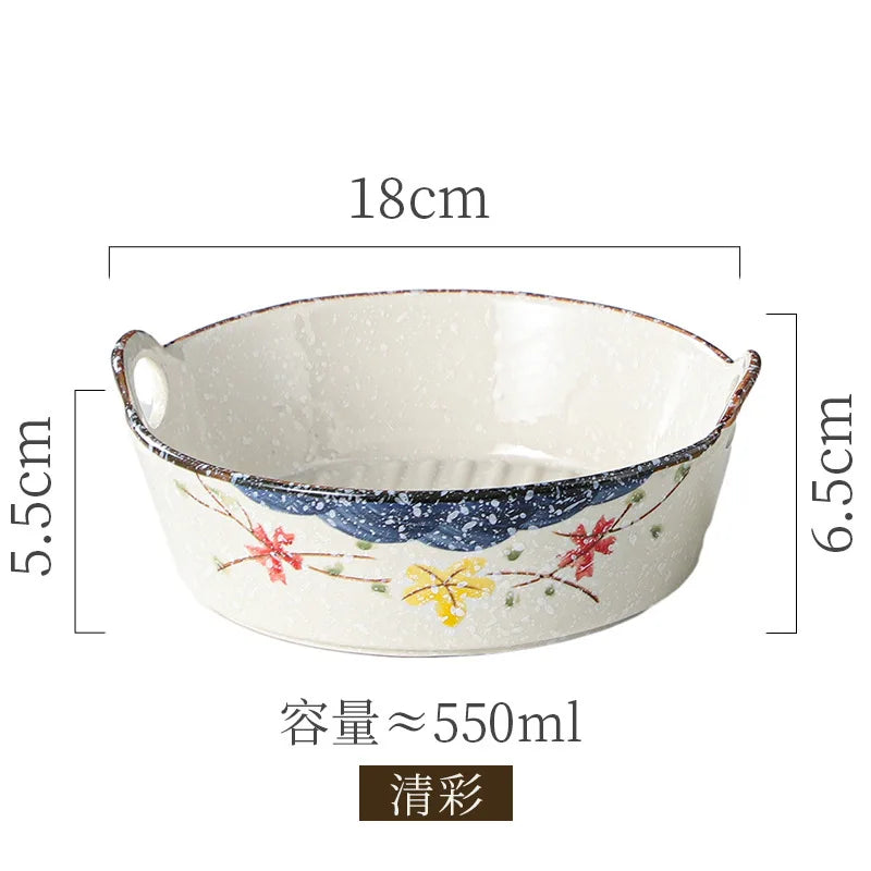 Ceramic Double Ear Salad Fruit  Bowl Household Utensils Baked Rice Bowl Instant Noodle Bowl