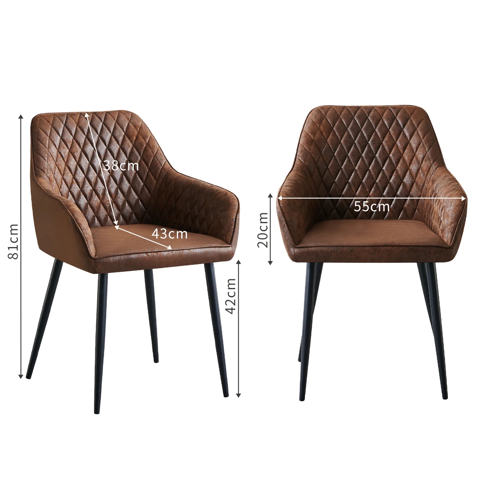 Set of 2 Dining Chairs Velvet/Faux Suede/Faux Leather Armchairs with Armrest Backrest Upholstered Seat Black Metal Legs