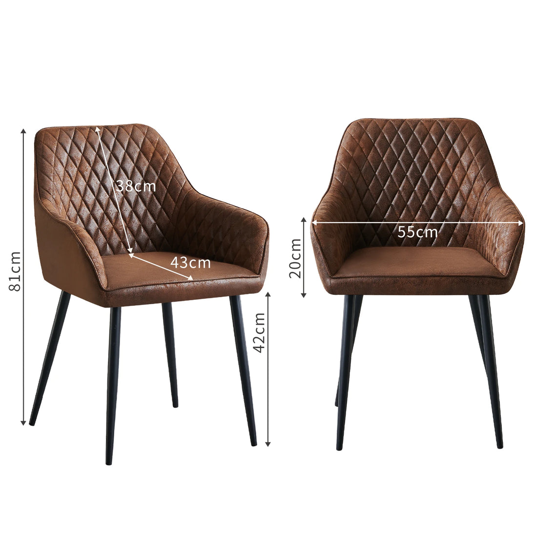 Set of 2 Dining Chairs Velvet/Faux Suede/Faux Leather Armchairs with Armrest Backrest Upholstered Seat Black Metal Legs