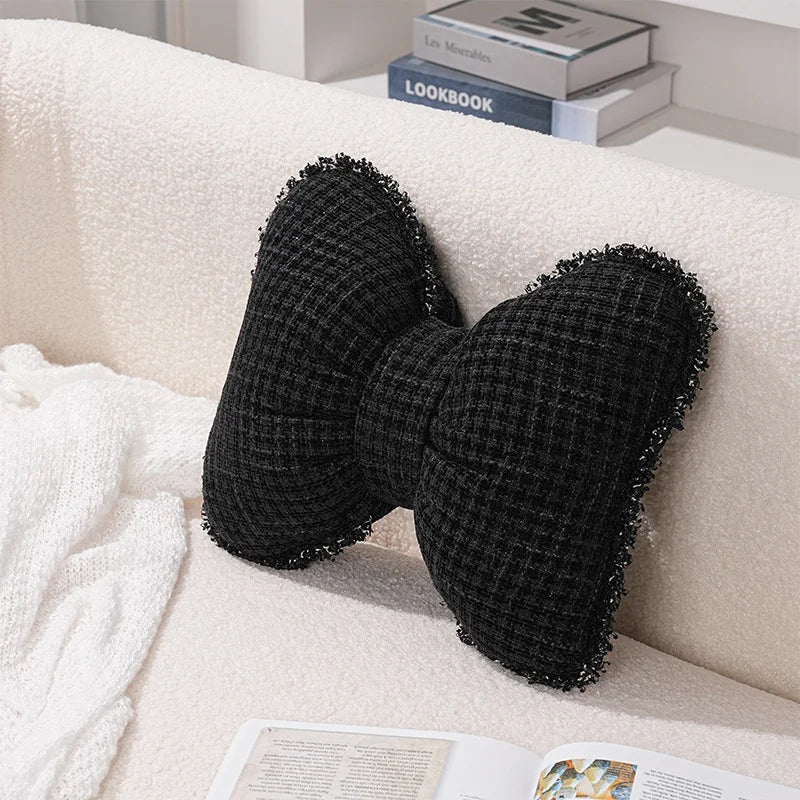 Pink bow ribbon couch pillow imitation rabbit fur comfortable car seat cushion ins style simple all-match back cushion