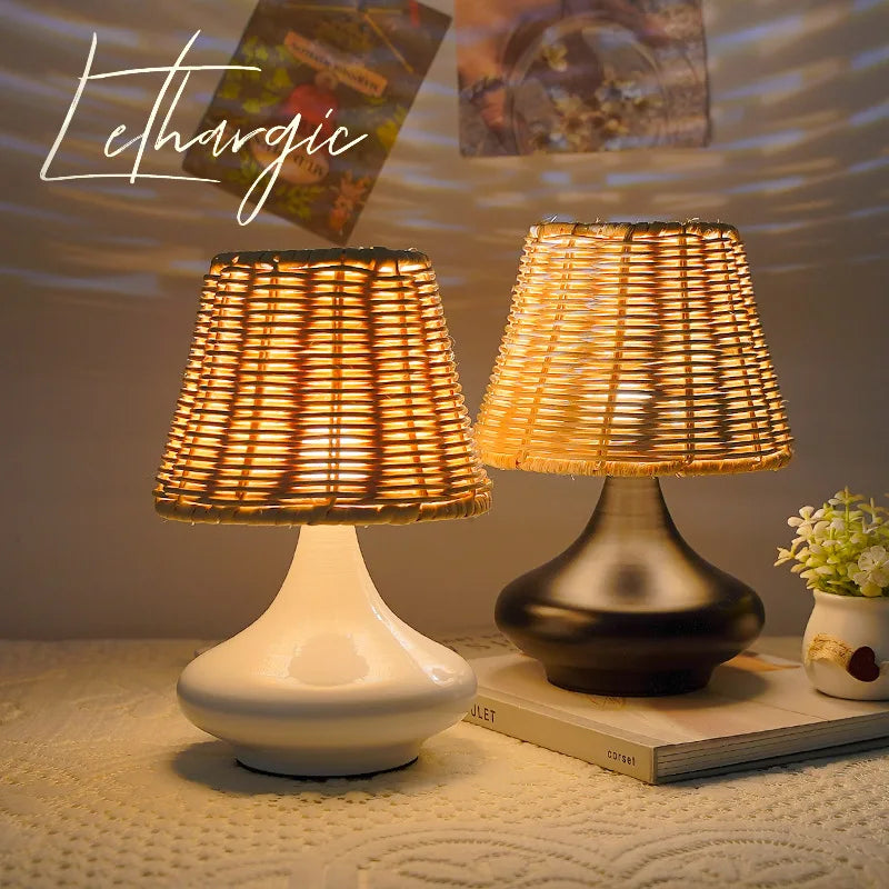 Led Table Lamp Hand-woven Bamboo Lampshade Bedside Lamp Boho Nightstand Usb Plug Desk Light For Bedroom Living Room Coffee House