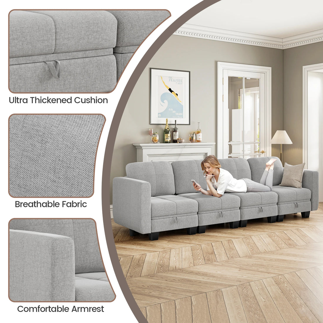 4 Seater Sofa with Storage, Convertible 2 Seater 3 Seater L-Shaped Sofa Couch with Ottoman for Living Room, Shape Customizable