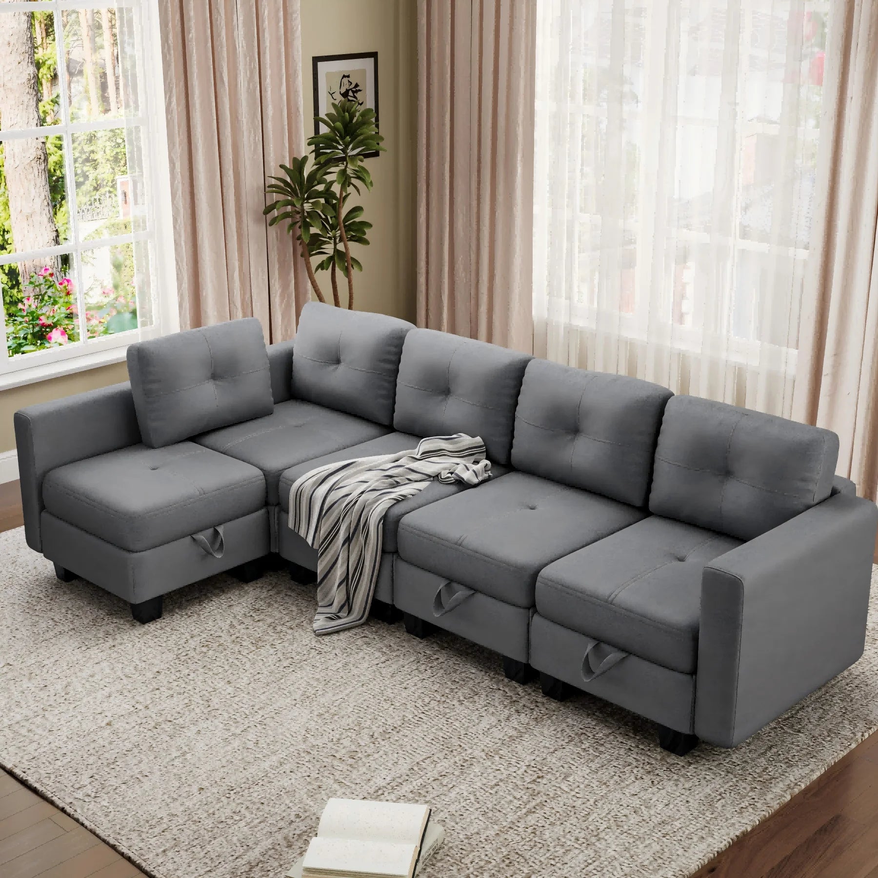 Fabric Modular Sofas with Upholstered Cushion and Removable Back Cushion Covers, Modern Sectional Sofa for Living Room