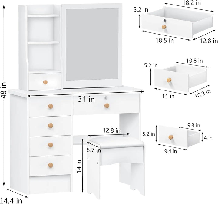 Dressing Table with 6 Drawers, Vanity Desk with Mirror, Storage Shelves and Stool, Makeup Desk for Bedroom