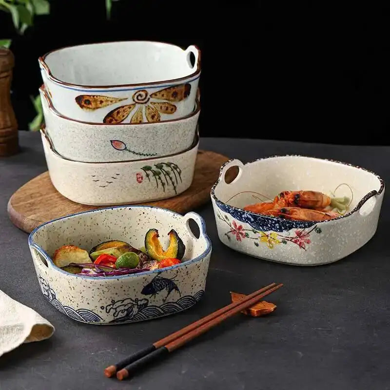 Ceramic Double Ear Salad Fruit  Bowl Household Utensils Baked Rice Bowl Instant Noodle Bowl