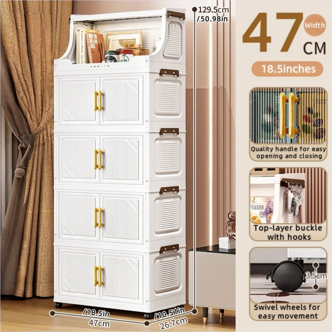 Large Foldable Flip-Top Transparent Storage Cabinet with Wheels - Space-Saving Mobile Organizer for Kitchen Bedroom Living Room