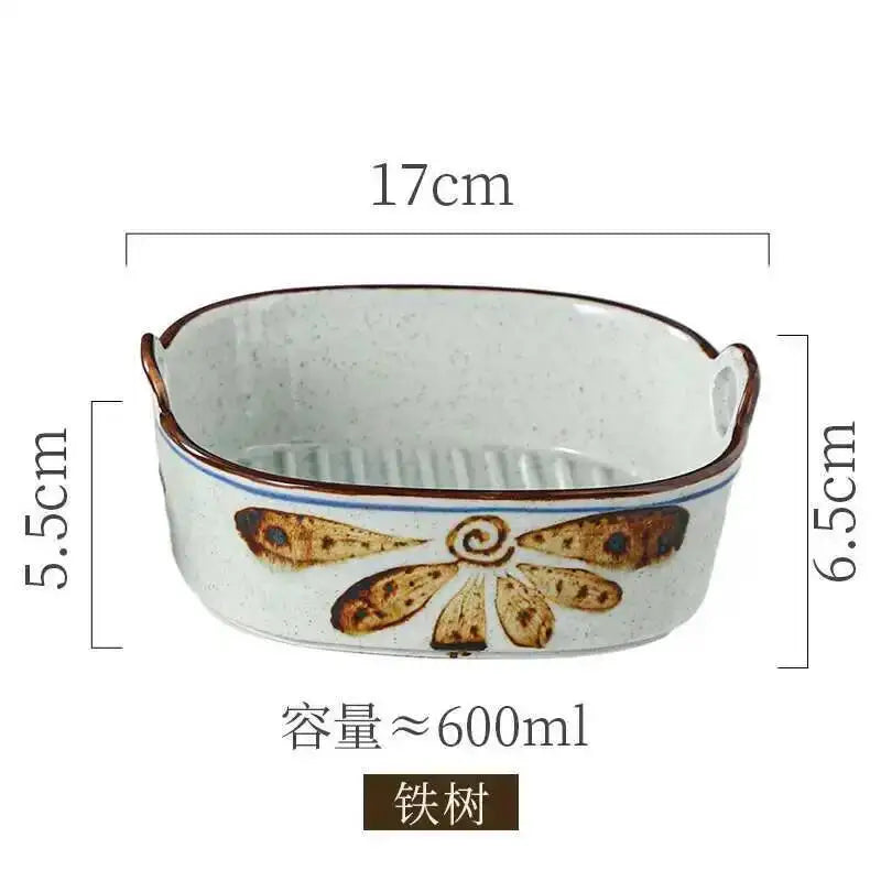 Ceramic Double Ear Salad Fruit  Bowl Household Utensils Baked Rice Bowl Instant Noodle Bowl