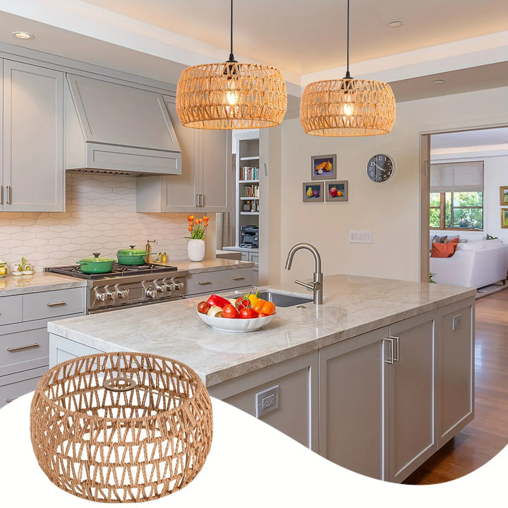 Rustic Braided Rope Lampshade Pendant Lights Handmade Bamboo Rattan Wicker Hanging Lamp for Kitchen Living Room Bedroom Corridor