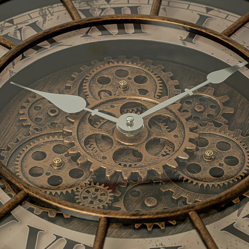 46cm Real Moving Gears Wall Clock Large Industrial Steam Punk Roman Numeral Wall Clock Living Room Home Decoration Quartz Clock