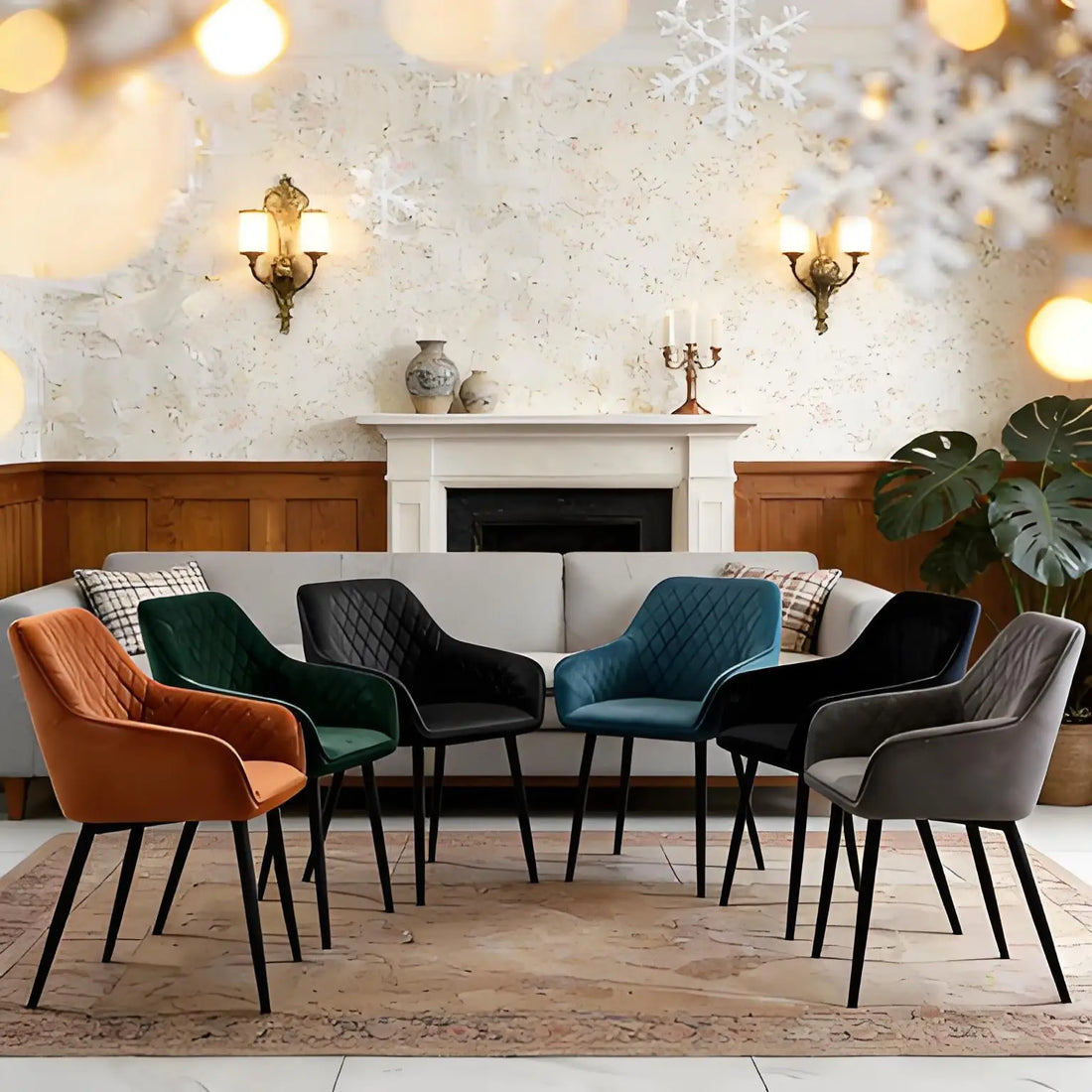 Set of 2 Dining Chairs Velvet/Faux Suede/Faux Leather Armchairs with Armrest Backrest Upholstered Seat Black Metal Legs