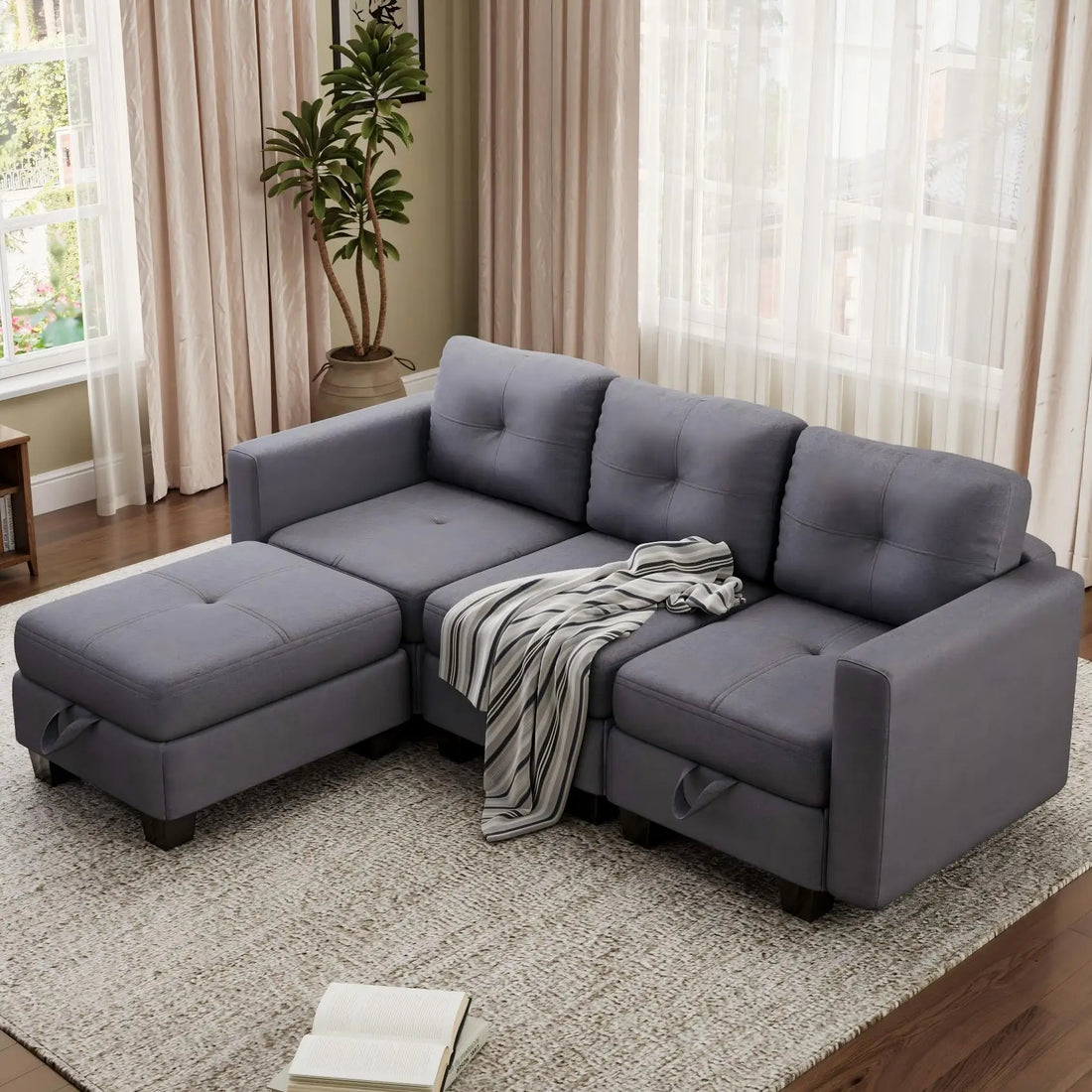 Fabric Modular Sofas with Upholstered Cushion and Removable Back Cushion Covers, Modern Sectional Sofa for Living Room