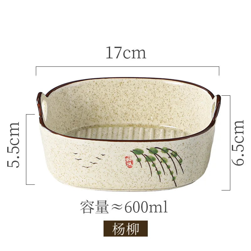 Ceramic Double Ear Salad Fruit  Bowl Household Utensils Baked Rice Bowl Instant Noodle Bowl