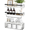 Floating Shelves with Wire Storage Basket Bathroom Shelves Over Toilet with Protective Metal Guardrail Wood Wall Shelves
