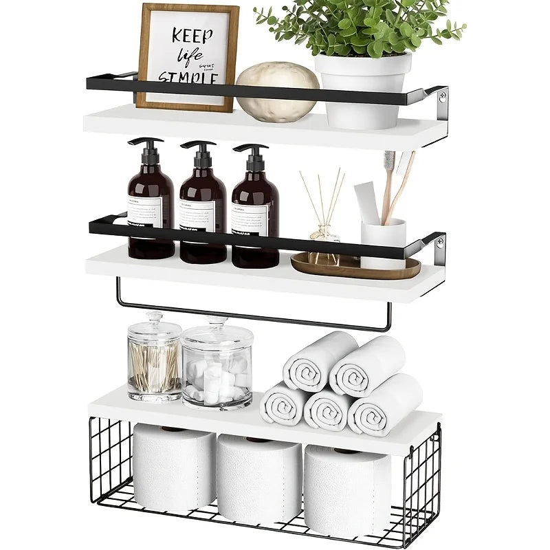 Floating Shelves with Wire Storage Basket Bathroom Shelves Over Toilet with Protective Metal Guardrail Wood Wall Shelves
