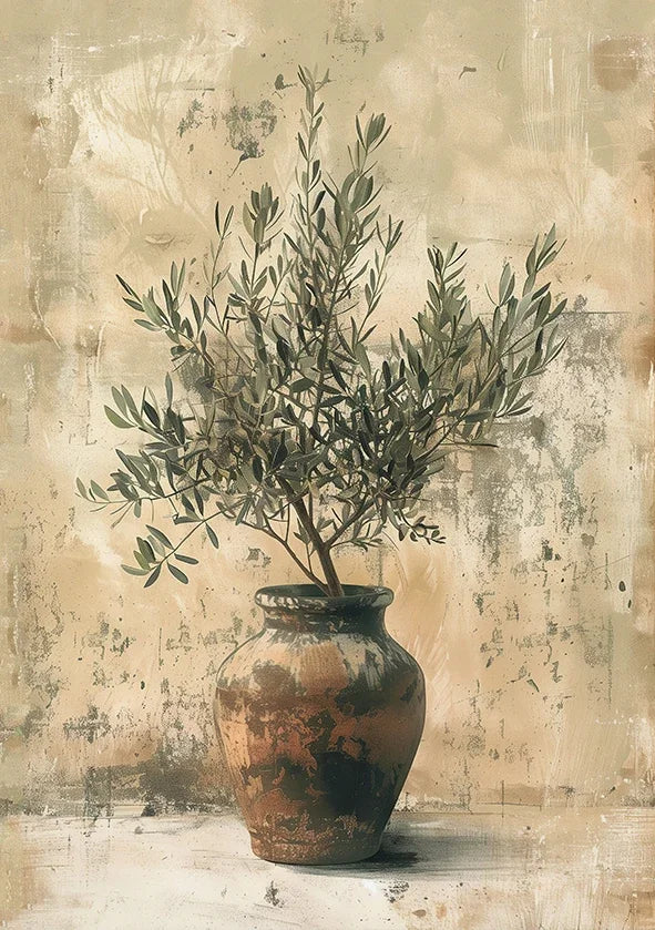 Retro Elegant Olive Tree and Lemon Canvas Poster Vase Wall Art Poster Perfect Gift for Living Room Bedroom Dormitory Home Decor