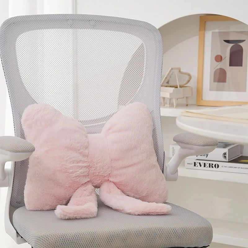 Pink bow ribbon couch pillow imitation rabbit fur comfortable car seat cushion ins style simple all-match back cushion
