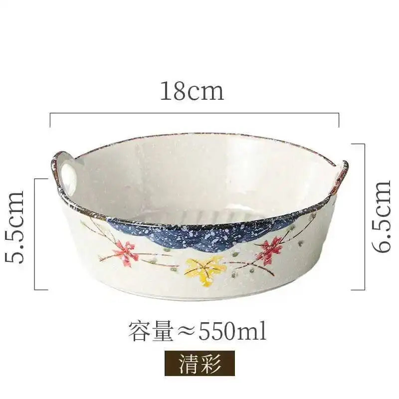 Ceramic Double Ear Salad Fruit  Bowl Household Utensils Baked Rice Bowl Instant Noodle Bowl