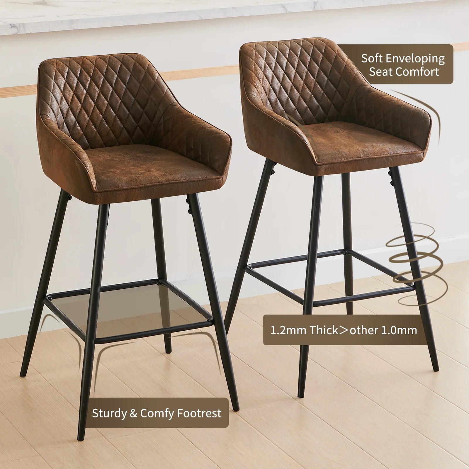 AINPECCA Bar stools Set of 2 Velvet/FauxSuede/Faux Leather Upholstered Seat with Backrest & Armrest Metal Legs Counter Breakfast