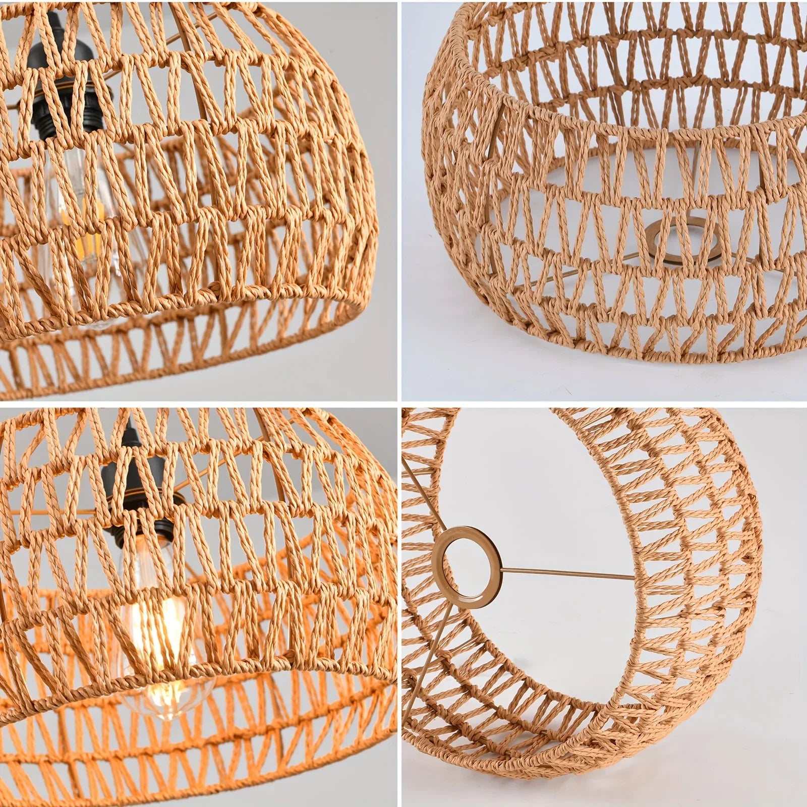 Rustic Braided Rope Lampshade Pendant Lights Handmade Bamboo Rattan Wicker Hanging Lamp for Kitchen Living Room Bedroom Corridor