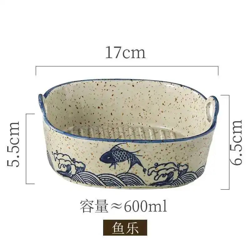 Ceramic Double Ear Salad Fruit  Bowl Household Utensils Baked Rice Bowl Instant Noodle Bowl