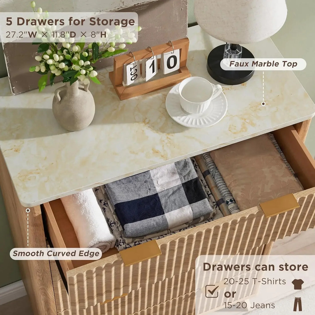 Modern Chest of Drawers with Faux Marble Top, Curved Profile Design, Wood Drawer Organizer for Bedroom, Living Room, Hallway