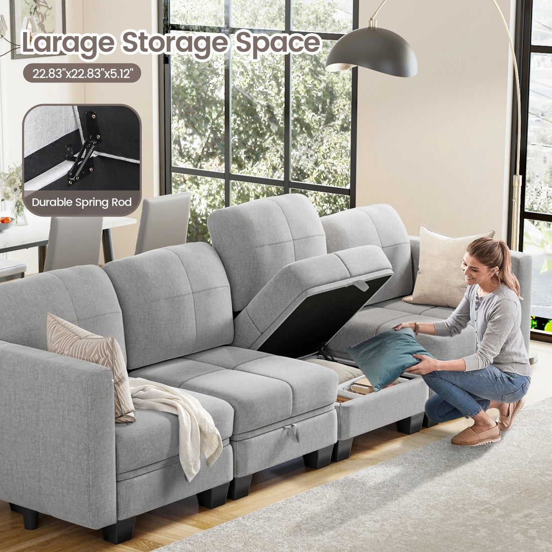 4 Seater Sofa with Storage, Convertible 2 Seater 3 Seater L-Shaped Sofa Couch with Ottoman for Living Room, Shape Customizable