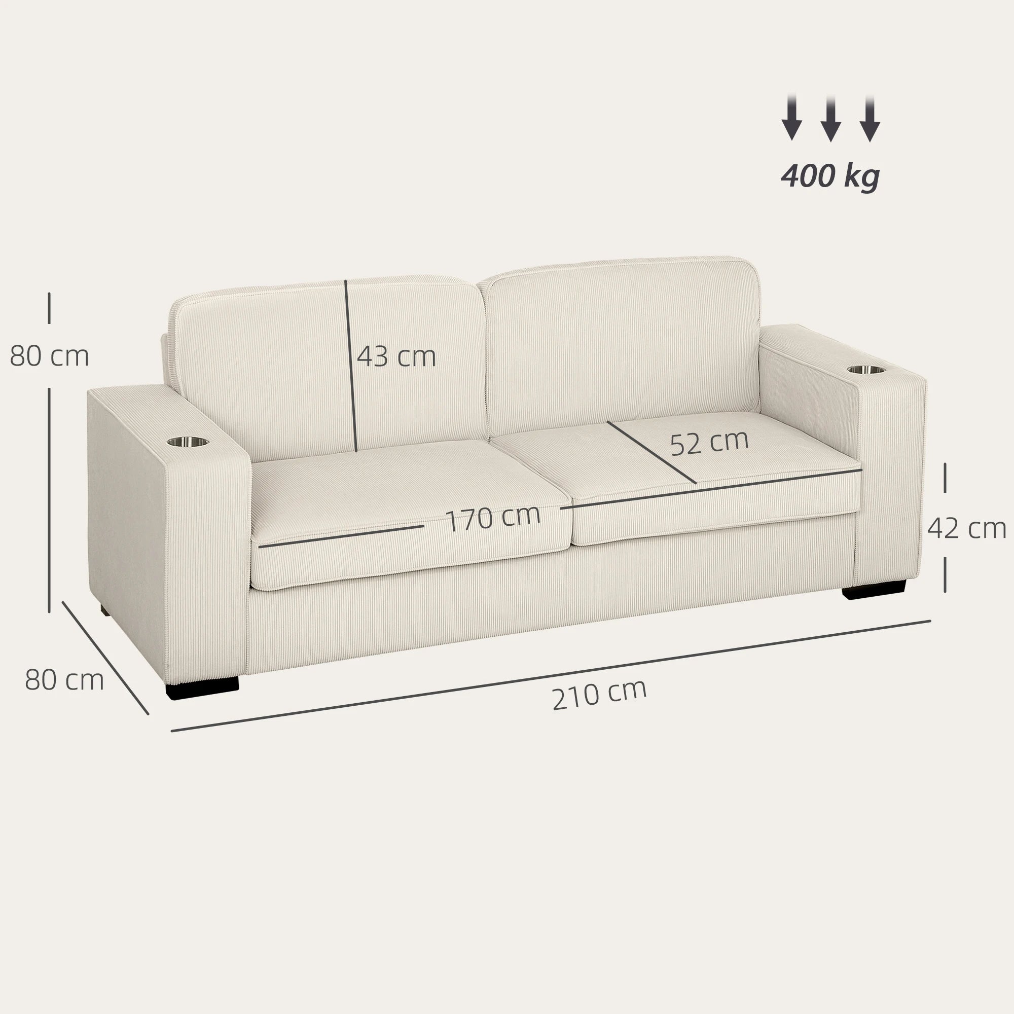 Modern 3 Seater Sofa Upholstered Corduroy Sofa Couch Cream White