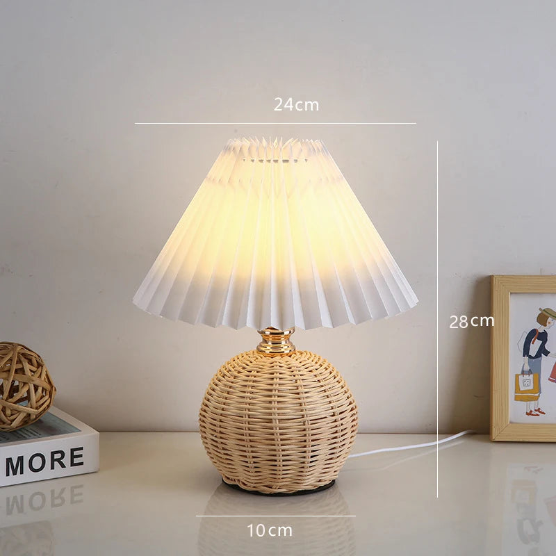 LED Fabric Pleated Lampshade Light Retro Rattan Strip USB PLUG Bedroom Bedside Lamp Desk Lamp Indoor Home Decoration Lighting