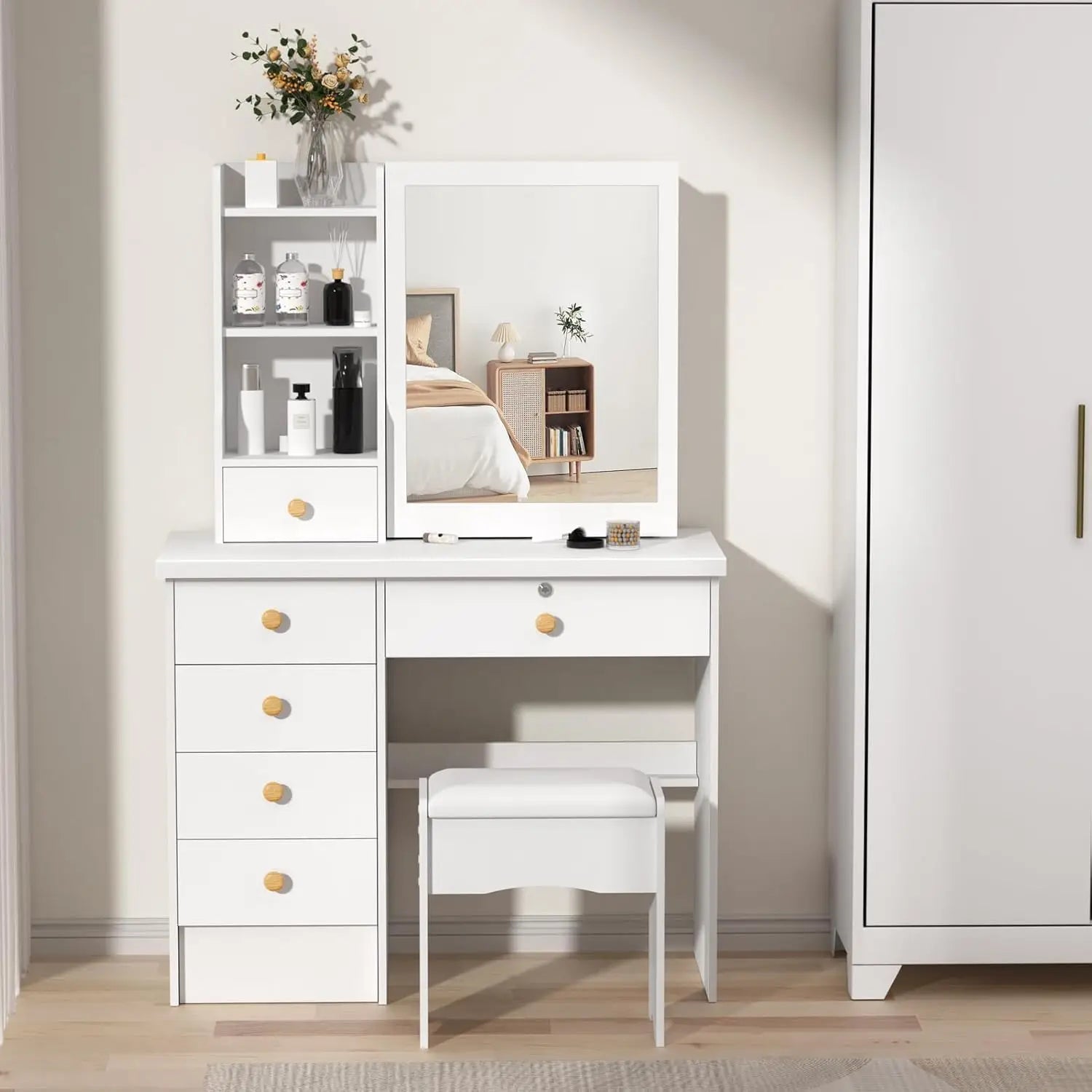 Dressing Table with 6 Drawers, Vanity Desk with Mirror, Storage Shelves and Stool, Makeup Desk for Bedroom