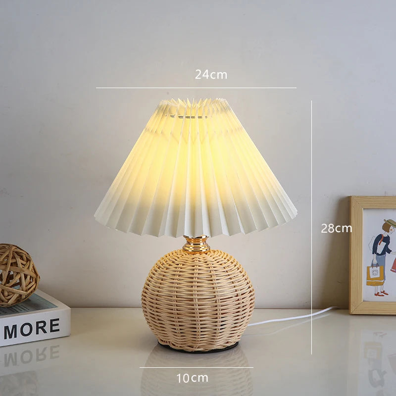 LED Fabric Pleated Lampshade Light Retro Rattan Strip USB PLUG Bedroom Bedside Lamp Desk Lamp Indoor Home Decoration Lighting