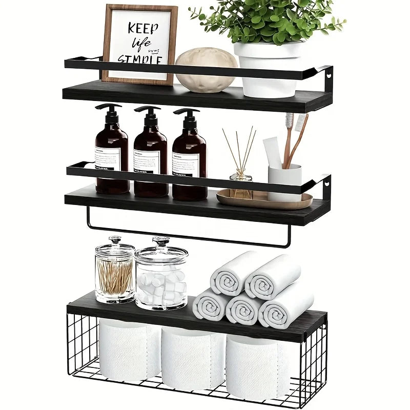 Floating Shelves with Wire Storage Basket Bathroom Shelves Over Toilet with Protective Metal Guardrail Wood Wall Shelves