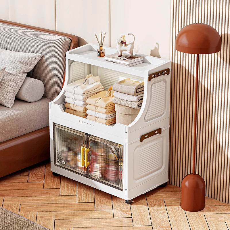 Large Foldable Flip-Top Transparent Storage Cabinet with Wheels - Space-Saving Mobile Organizer for Kitchen Bedroom Living Room