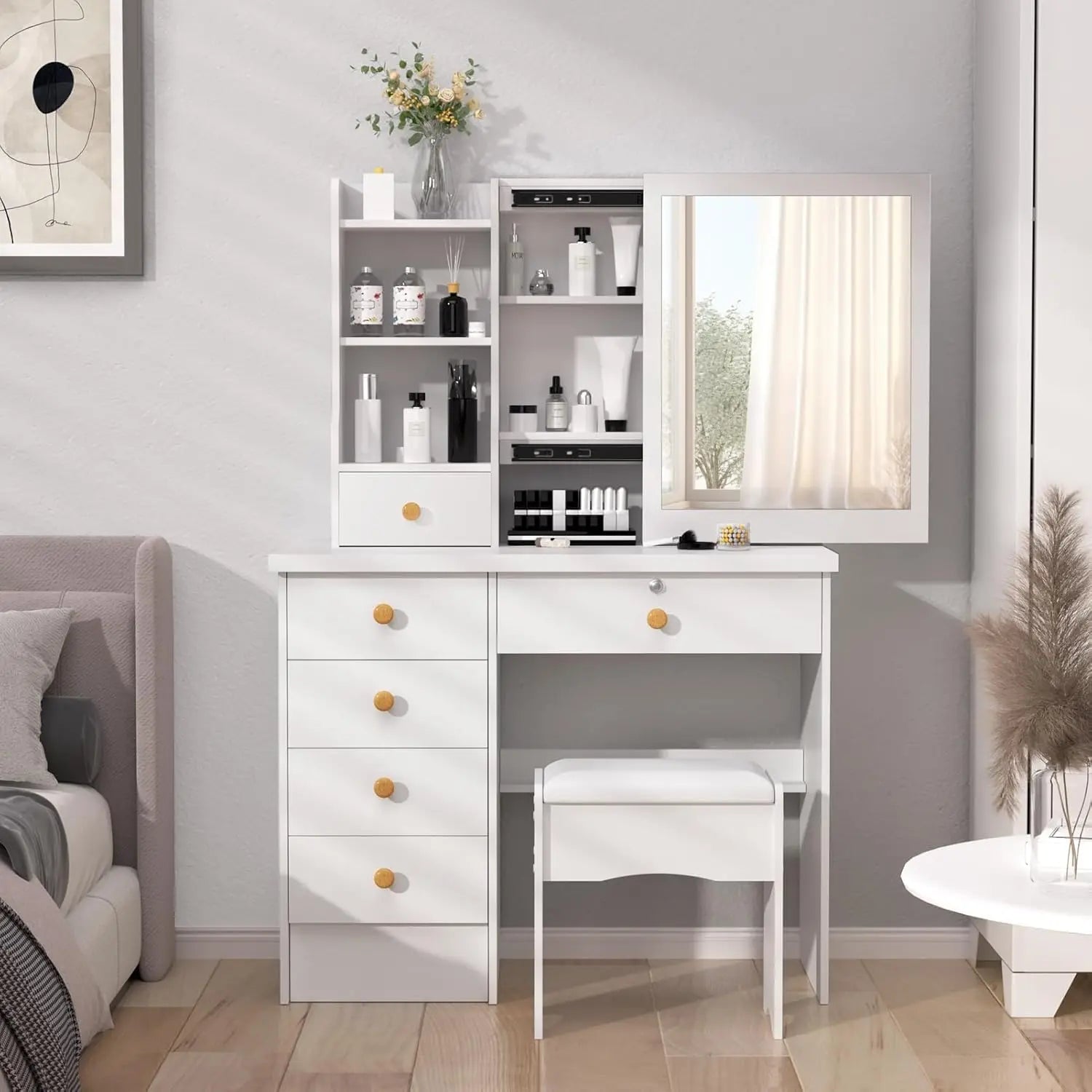 Dressing Table with 6 Drawers, Vanity Desk with Mirror, Storage Shelves and Stool, Makeup Desk for Bedroom