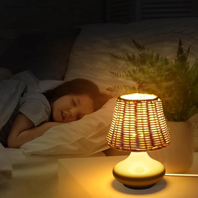 Led Table Lamp Hand-woven Bamboo Lampshade Bedside Lamp Boho Nightstand Usb Plug Desk Light For Bedroom Living Room Coffee House