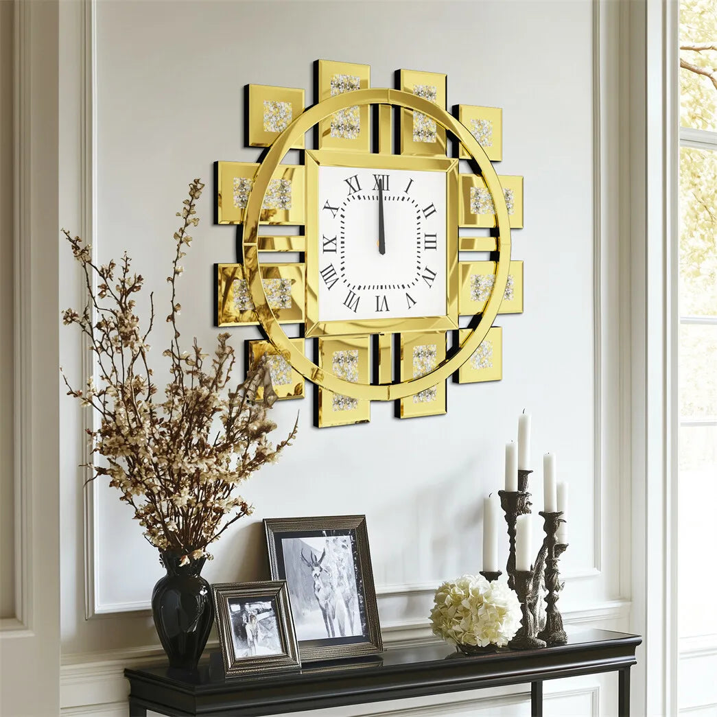 Large Wall Clock Heavy Duty 80 CM / 31.5 IN Crushed Diamond Mirrored Clock Silver / Gold Sparkling Twinkle Bling Home Decor