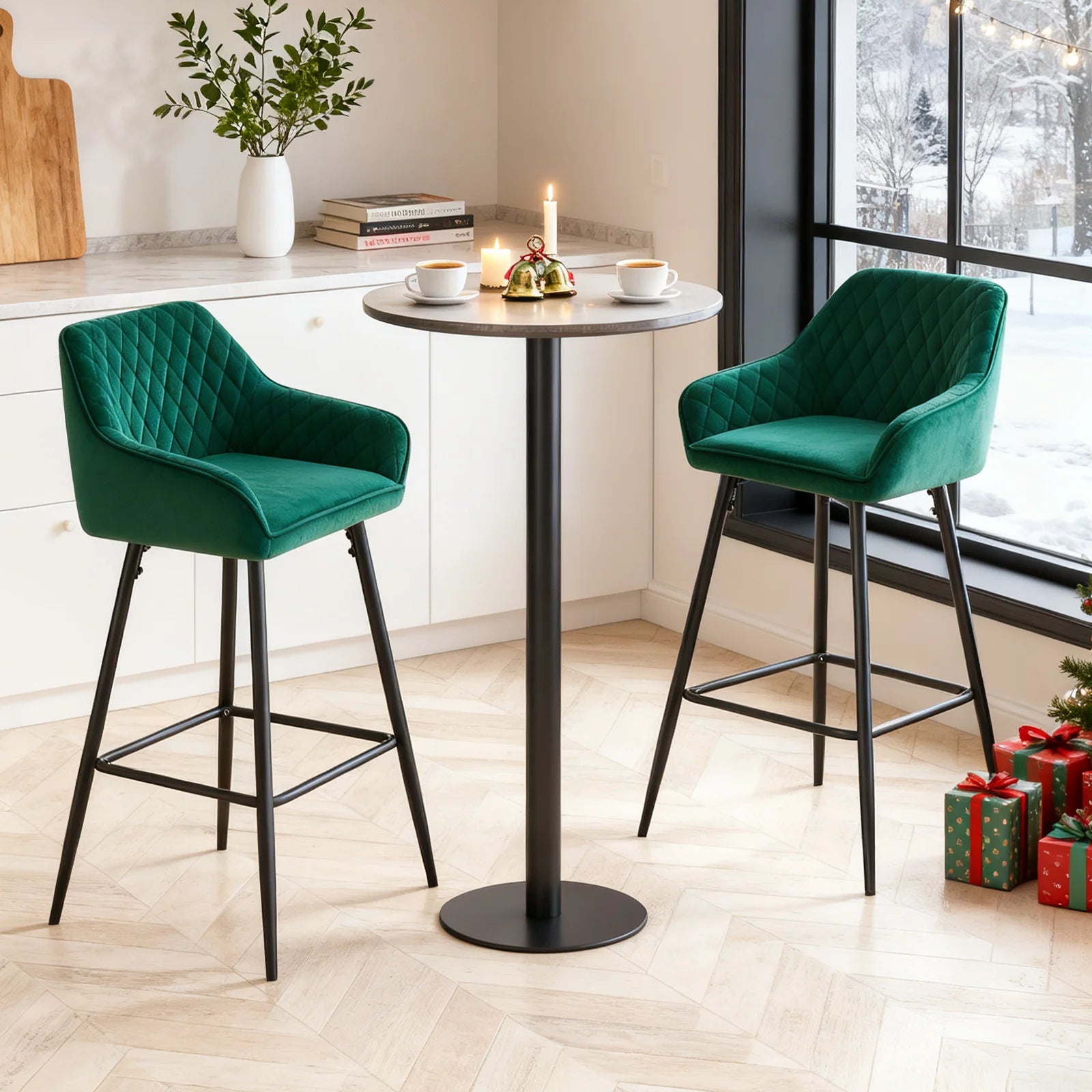 AINPECCA Bar stools Set of 2 Velvet/FauxSuede/Faux Leather Upholstered Seat with Backrest & Armrest Metal Legs Counter Breakfast