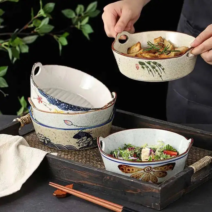 Ceramic Double Ear Salad Fruit  Bowl Household Utensils Baked Rice Bowl Instant Noodle Bowl
