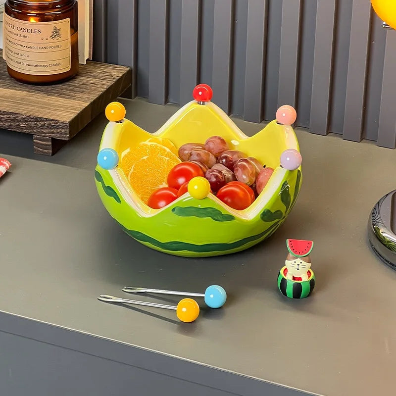 Fruit Bowls Watermelon Fruit Bowl with 6 Stainless Steel Forks Ceramic Serving Dish for Fruits Snacks Salad  Cute Ornaments